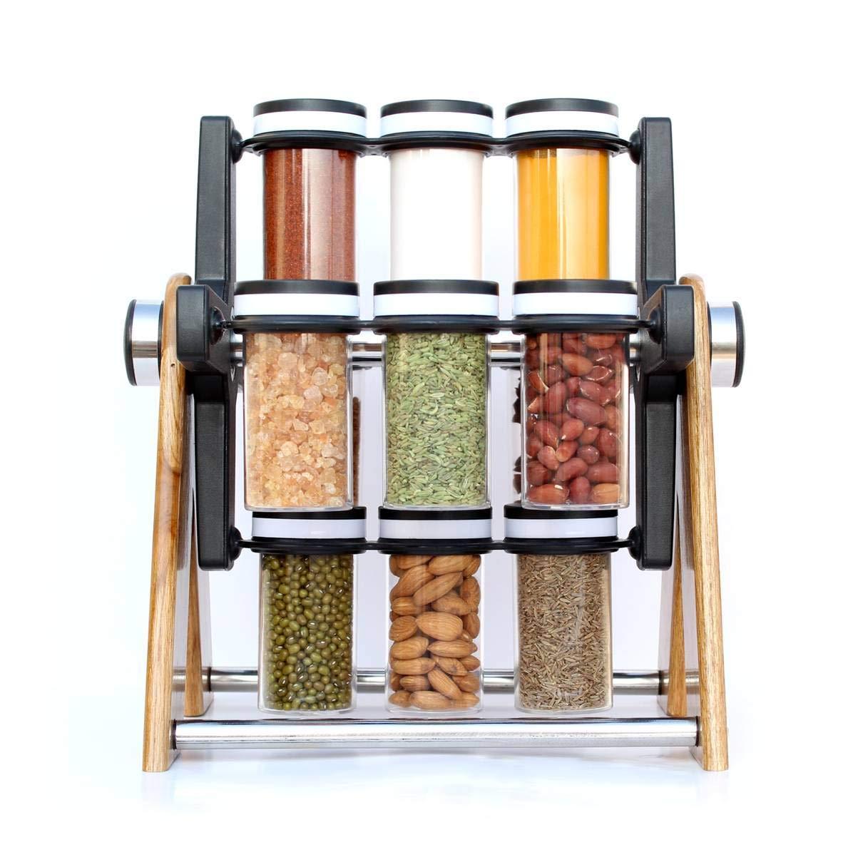 Wooden Revolving Spice Rack (Brown) (Set of 12)